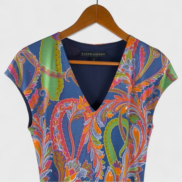 Ralph Lauren Black Label Size 2 Multicolor Paisley 100% Silk Jersey Sheath Dress - Picture 4 of 13